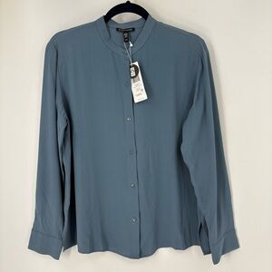 Eileen Fisher Silk Georgette Crepe Mandarin Collar Shirt $298 Seaspray